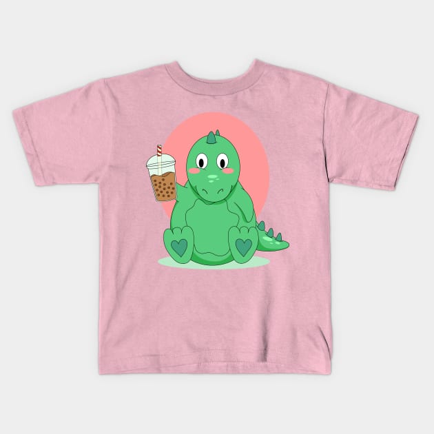 Green Dinosaur Hug Me I'm done drinking boba Kids T-Shirt by Bubbly Tea